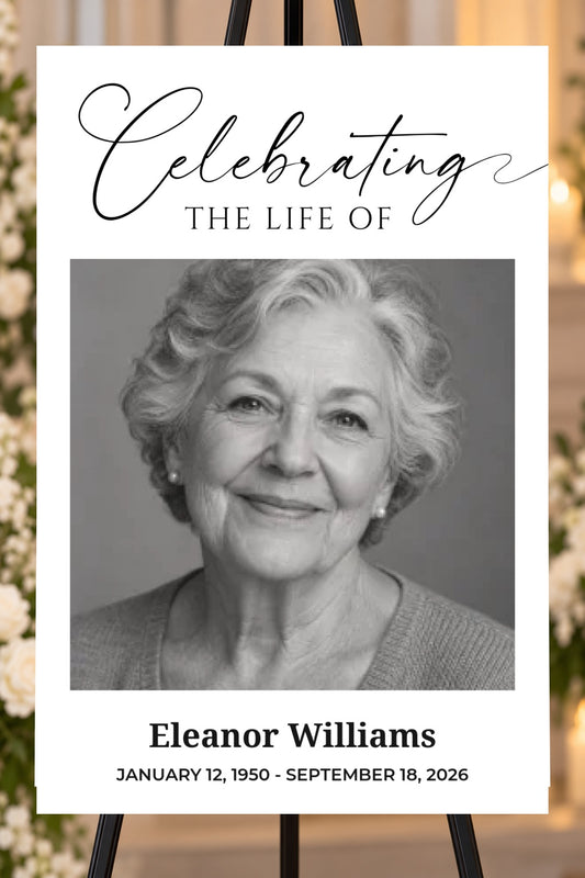 Celebrating a Life memorial foam board with sample photos, larger bold name and readable life dates, 24 by 36 inches