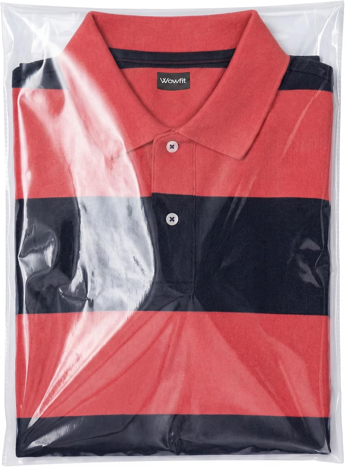Folded striped polo inside a clear apparel packaging bag