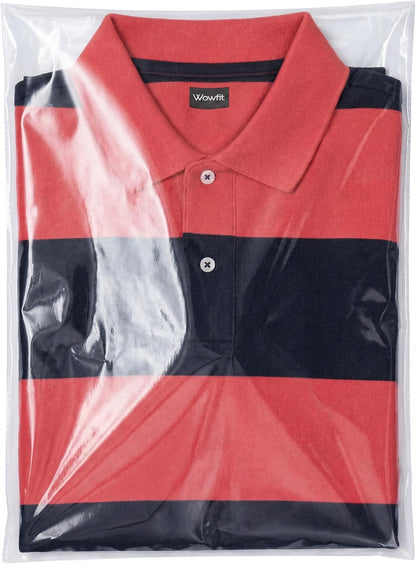 Folded striped polo inside a clear apparel packaging bag