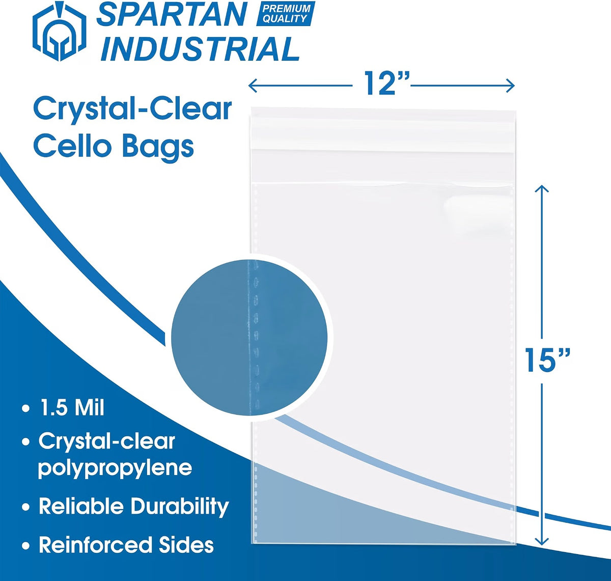 12 by 15 inch clear polypropylene bag dimensions and 1.5 mil specification