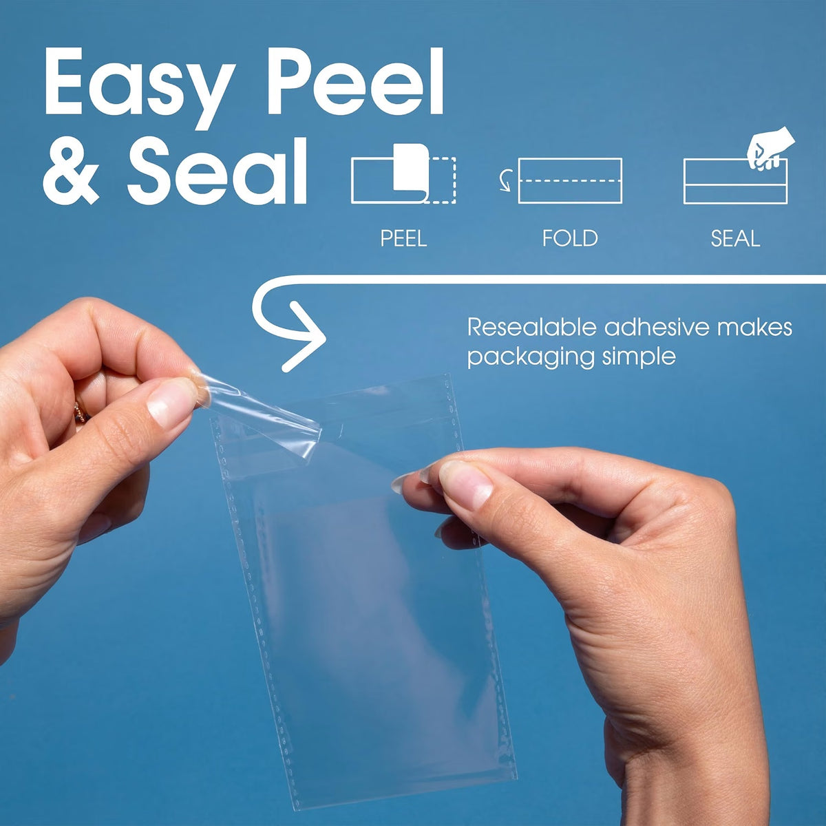 Peel, fold and seal instructions for clear adhesive closure packaging bags