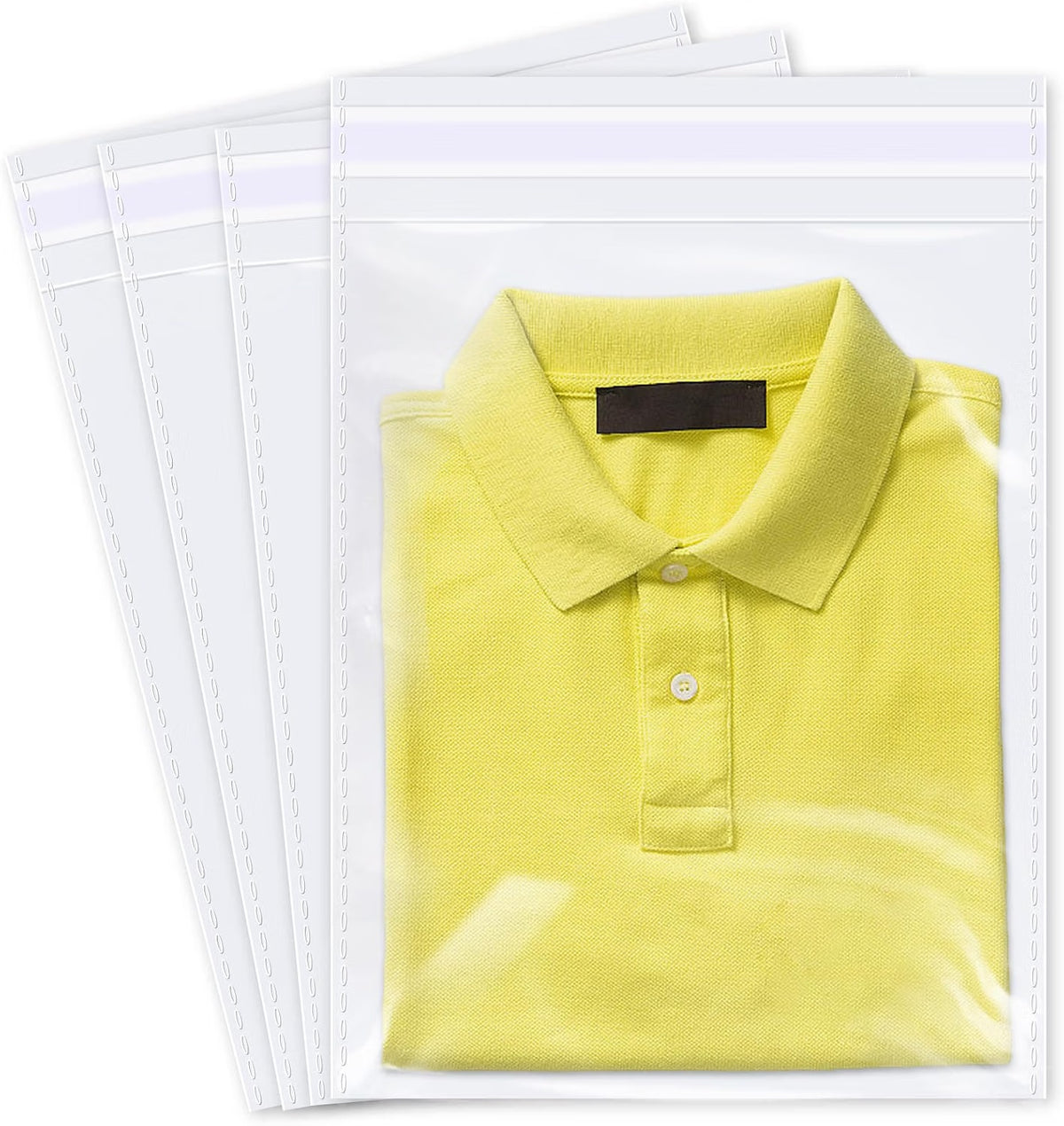 Clear self-sealing apparel bags shown with a folded yellow polo shirt