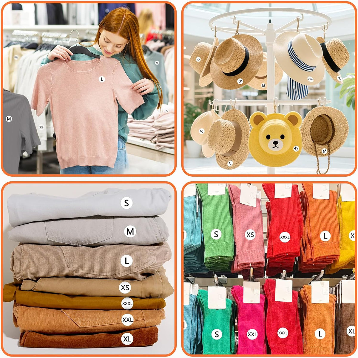 Size label stickers shown organizing shirts, pants, hats and socks