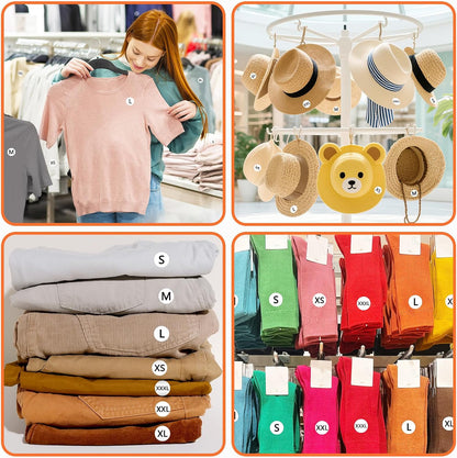 Size label stickers shown organizing shirts, pants, hats and socks