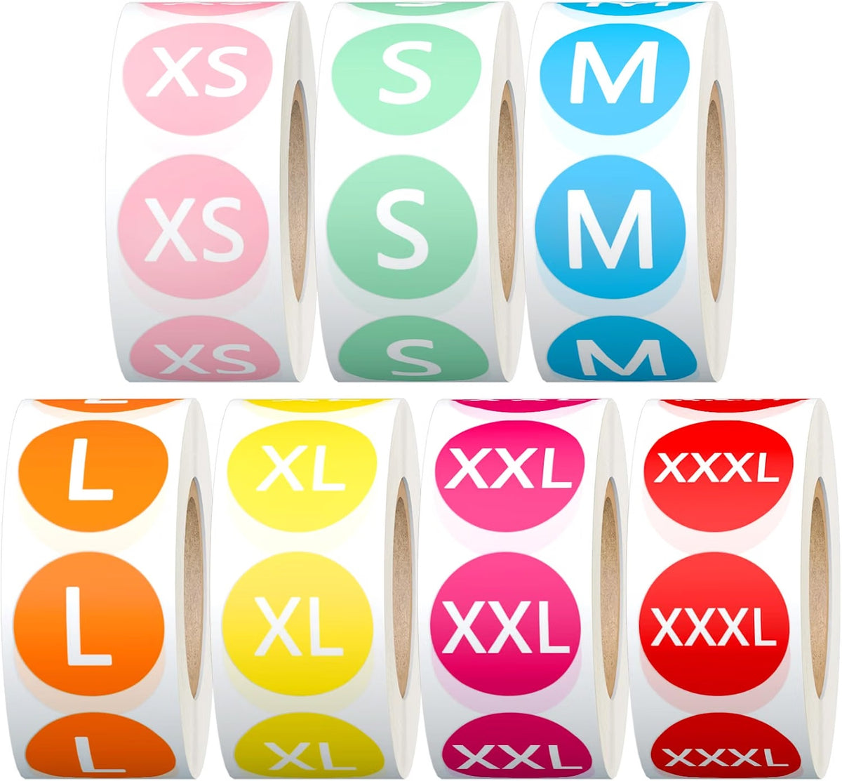 Colored clothing size stickers, seven rolls in sizes XS through XXXL