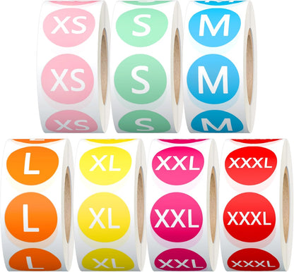 Colored clothing size stickers, seven rolls in sizes XS through XXXL