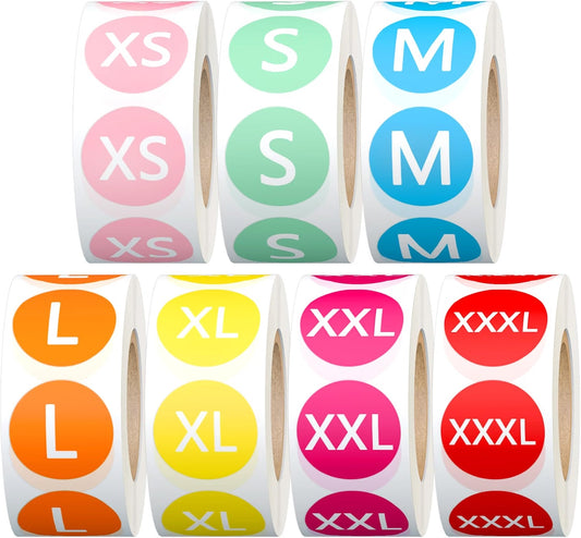 Colored clothing size stickers, seven rolls in sizes XS through XXXL