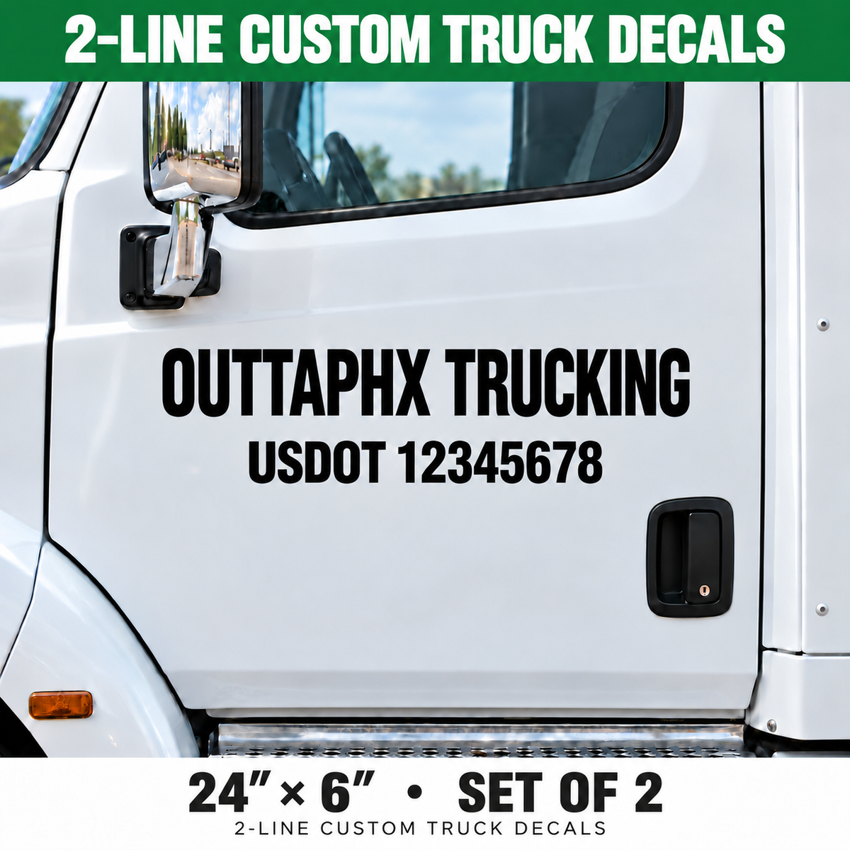Custom Compact 2-Line Company Name and USDOT Truck Vinyl Decals - 24 x 6 in - Set of 2