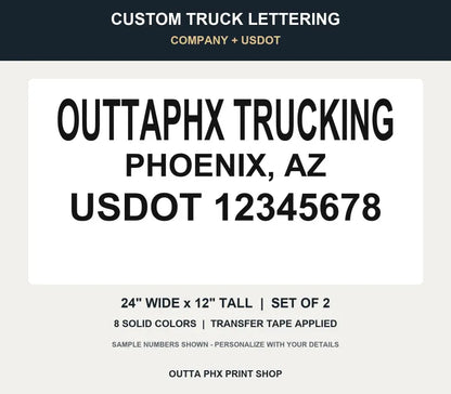 Company Name + USDOT Truck Decals - 24 x 12 inches - set of 2 - eight solid colors