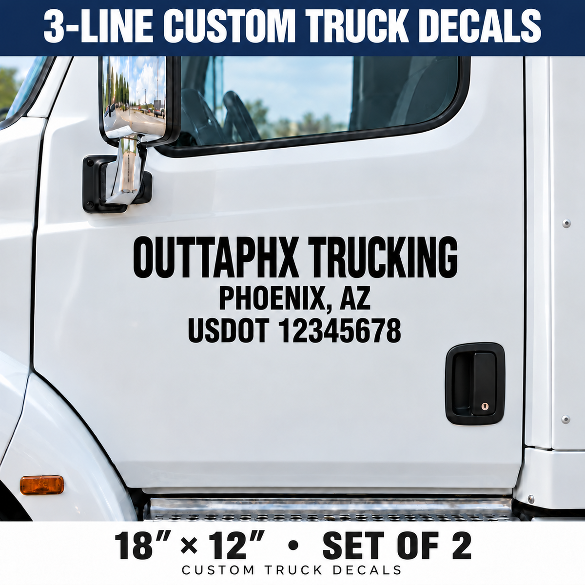 Custom Company Name City and USDOT Semi Truck Vinyl Decals - 18 x 12 in - Set of 2