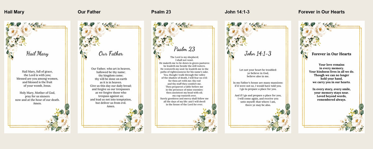 Five memorial prayer card back choices: Hail Mary, Our Father, Psalm 23, John 14:1-3 and Forever in Our Hearts