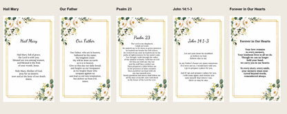 Five memorial prayer card back choices: Hail Mary, Our Father, Psalm 23, John 14:1-3 and Forever in Our Hearts