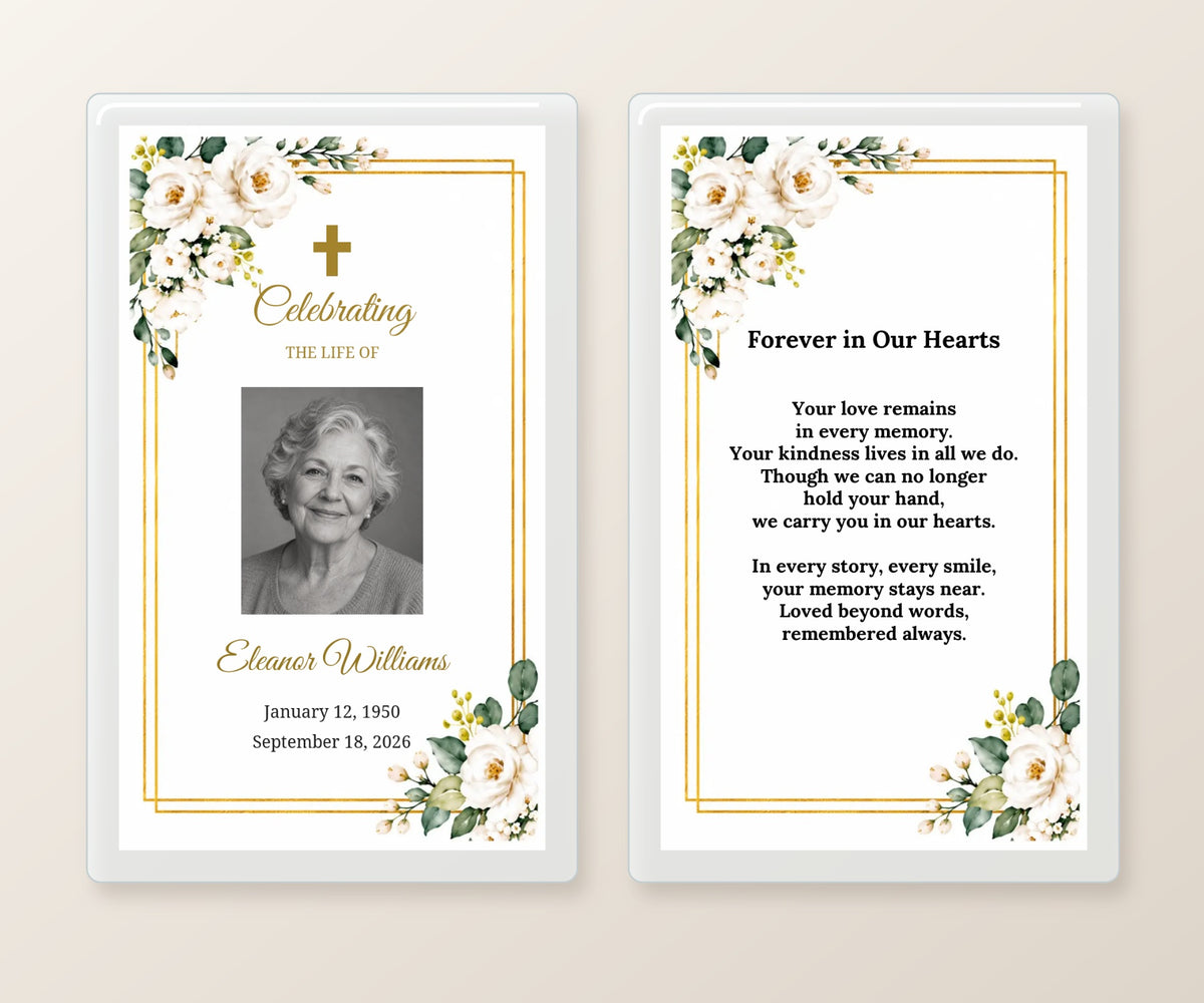 White rose and gold laminated memorial prayer card with personalized portrait, name and dates beside its remembrance back