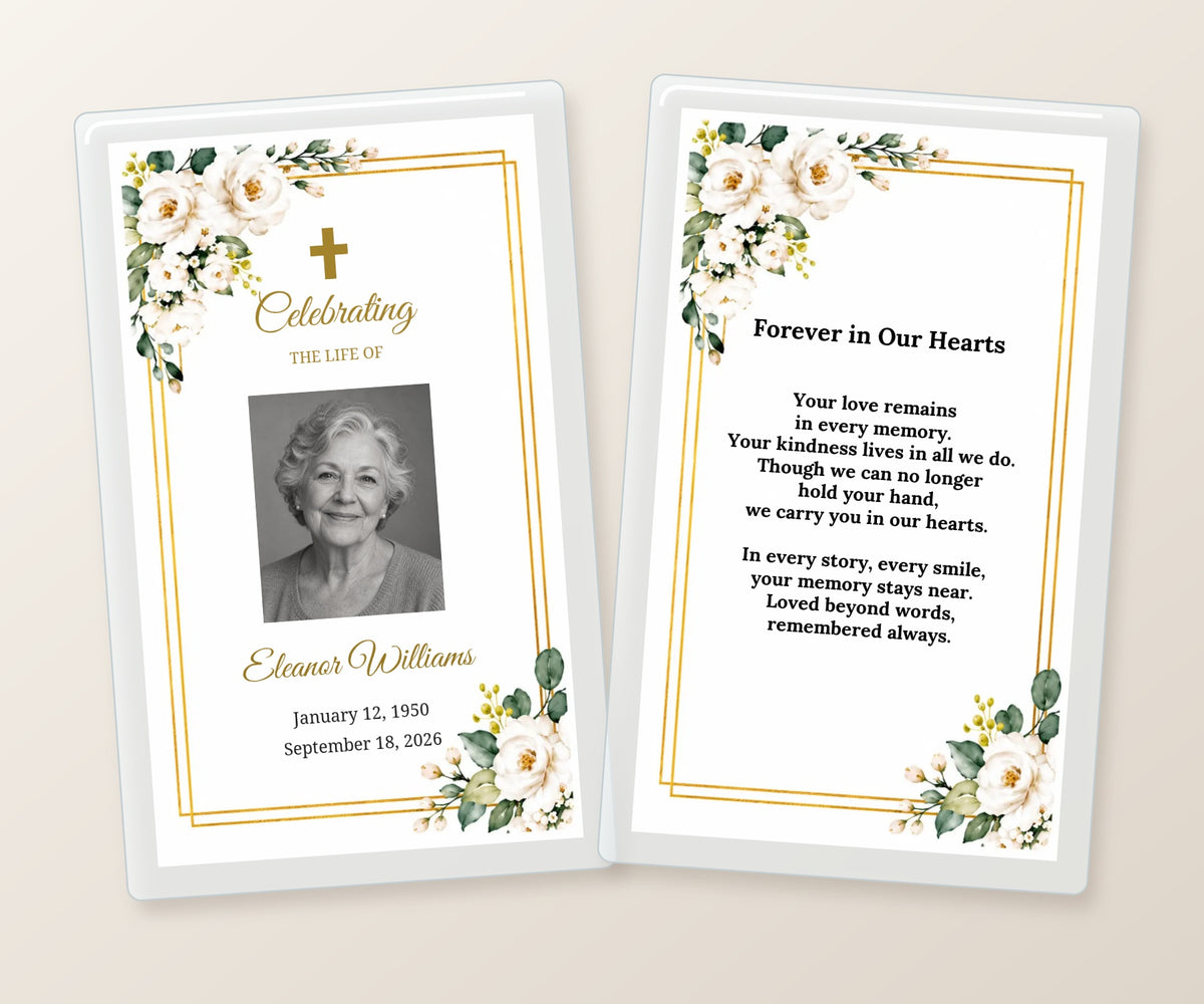 Front and back of a personalized laminated funeral prayer card with white roses and gold borders