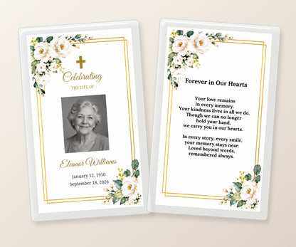 Front and back of a personalized laminated funeral prayer card with white roses and gold borders