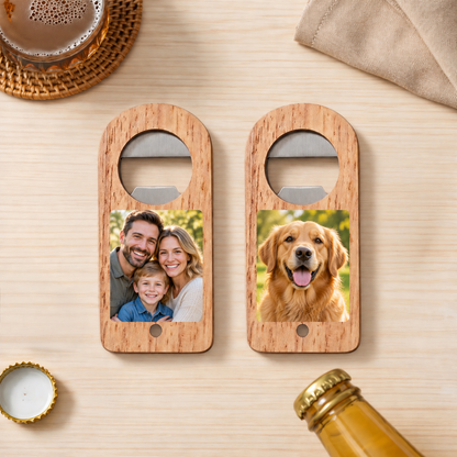 Custom Arch-Top Wood Photo Bottle Opener with family and dog photo personalization examples