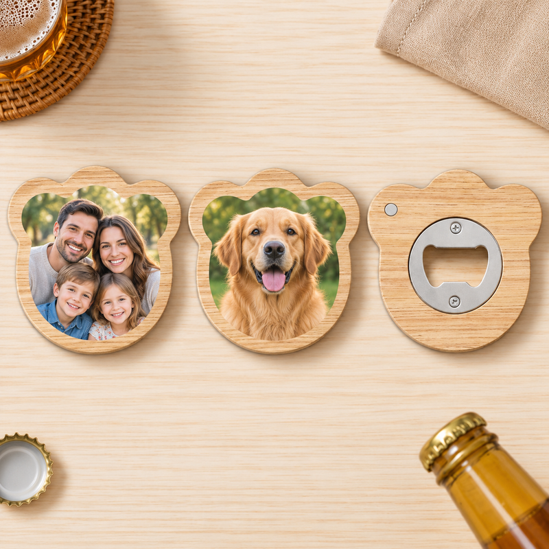 Custom Bear Magnetic Photo Bottle Opener with family and dog photo personalization examples