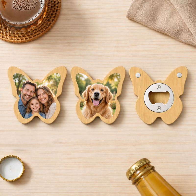 Custom Butterfly Photo Bottle Opener Magnet with family and dog photo personalization examples