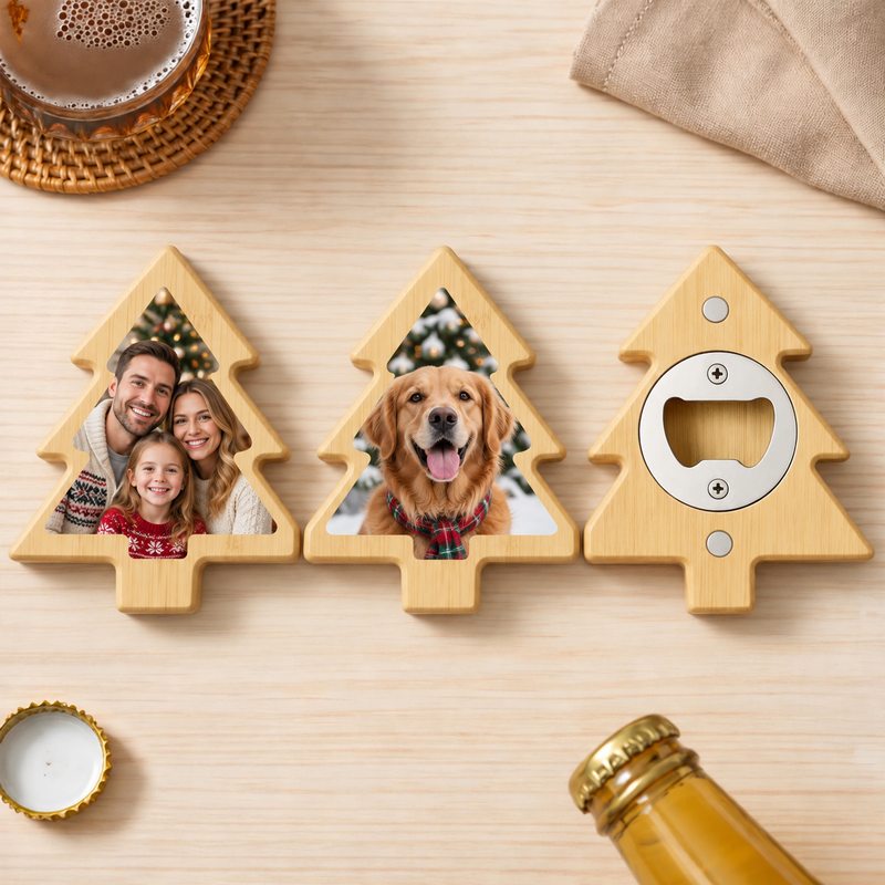 Custom Christmas Tree Photo Bottle Opener Magnet with family and dog photo personalization examples