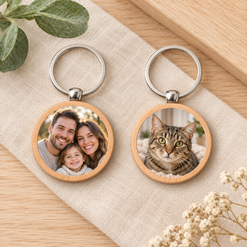 Custom Round Wood Photo Keychain with family and cat photo examples