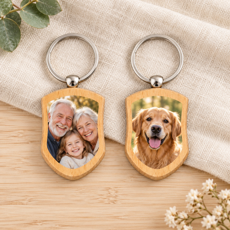 Custom Crest Wood Photo Keychain with family and pet photo examples.
