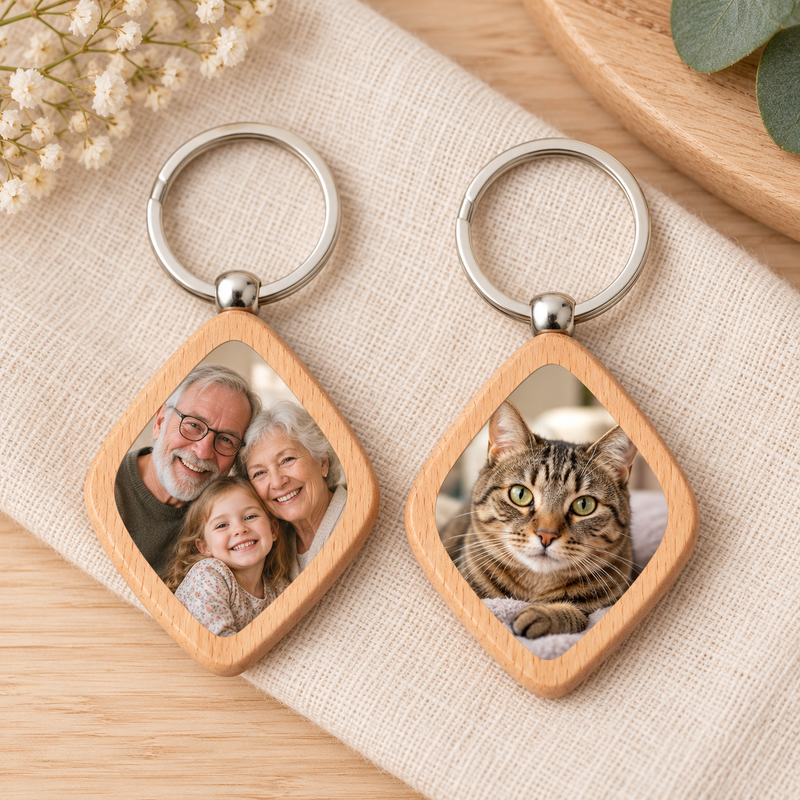 Custom Diamond Wood Photo Keychain with family and pet photo examples.