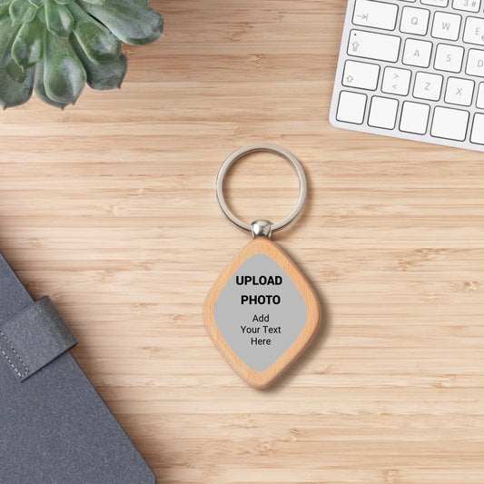 Custom diamond keychain personalized with logos, photos, names, and artwork for businesses, schools, promotional giveaways, events, and personalized gifts.