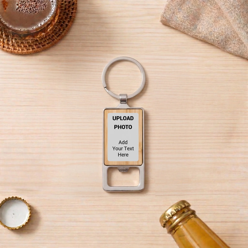 Custom engraved rectangle bottle opener keychain with leatherette insert personalized with logos, names, monograms, and artwork for businesses, gifts, weddings, and promotional events.