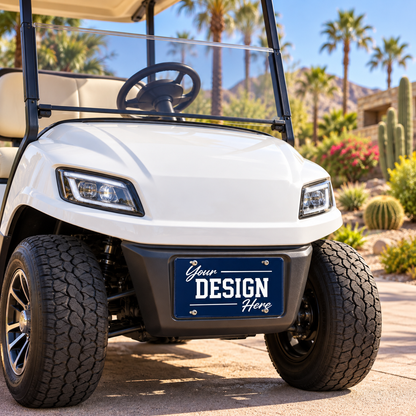 Mini personalized license plate displayed on a white golf cart