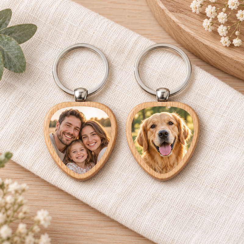 Custom Wood Photo Keychain – Rounded Triangle with family and dog photo examples