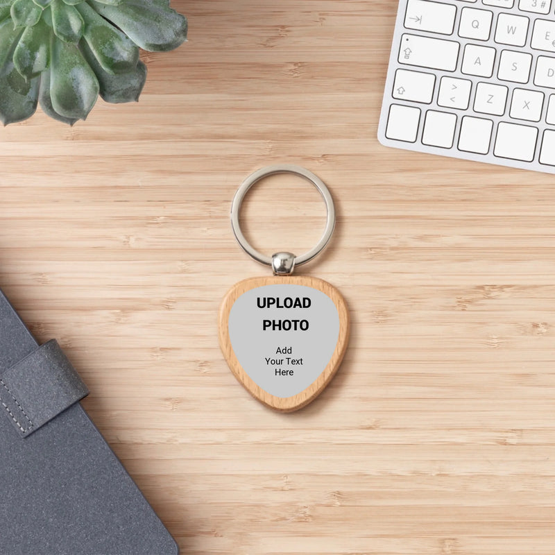 Custom heart keychain personalized with photos, logos, names, and artwork for weddings, anniversaries, businesses, promotional giveaways, and personalized gifts.