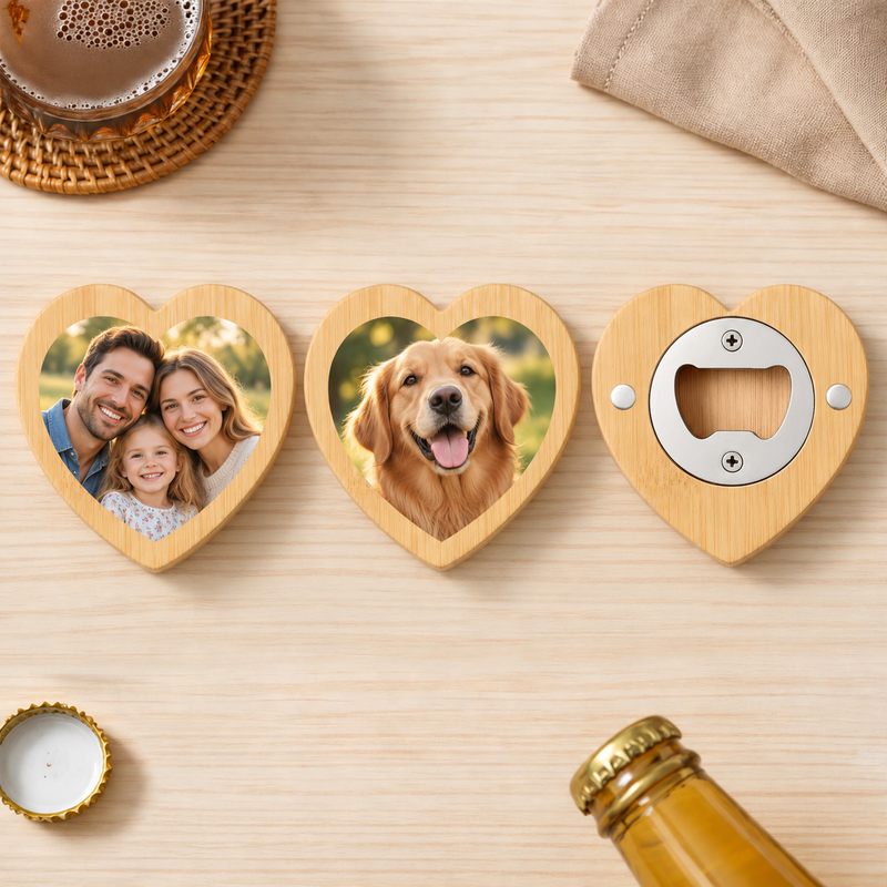 Custom Heart Magnetic Photo Bottle Opener with family and dog photo personalization examples