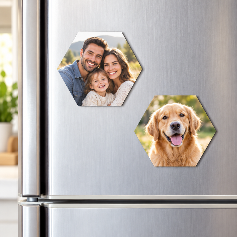 hexagon photo fridge magnets displaying a family portrait and golden retriever on a refrigerator