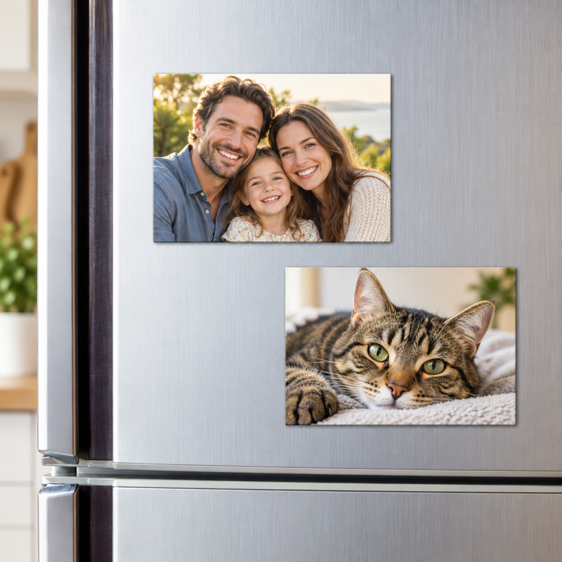 landscape rectangle photo fridge magnets displaying a family portrait and tabby cat on a refrigerator