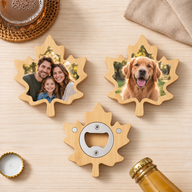 Custom Maple Leaf Photo Bottle Opener Magnet with family and dog photo personalization examples