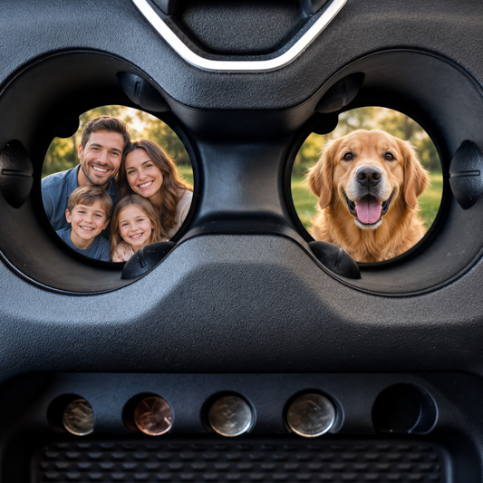 Custom neoprene car coasters showing family and pet photo examples; sold individually