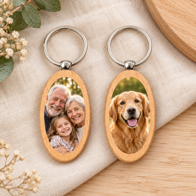 Custom Oval Wood Photo Keychain with family and pet photo examples.