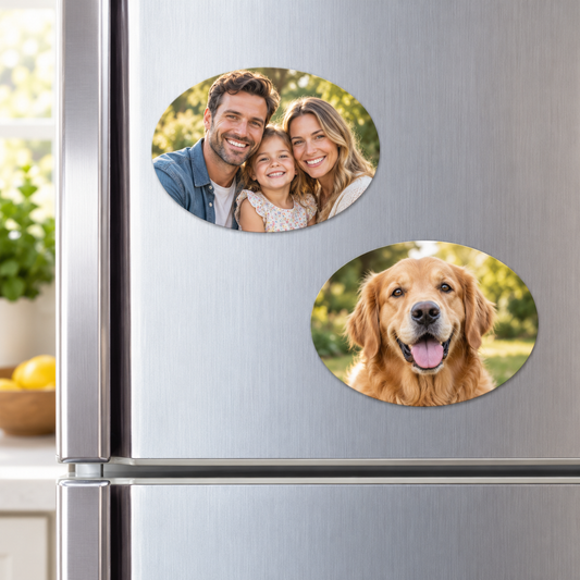 oval photo fridge magnets displaying a family portrait and golden retriever on a refrigerator