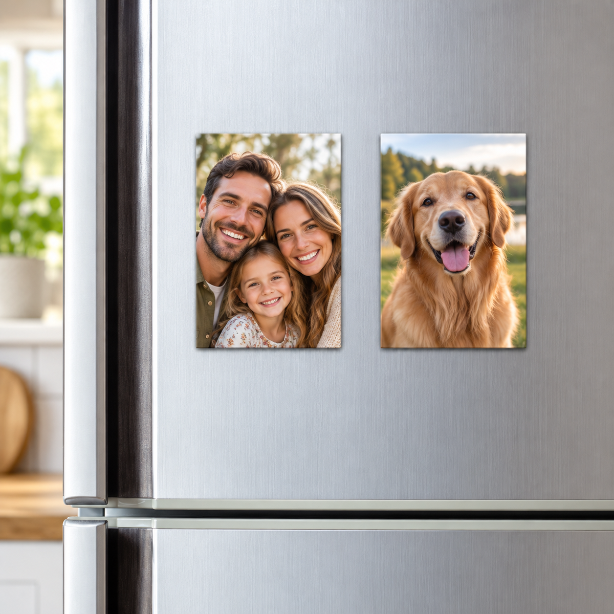 portrait rectangle photo fridge magnets displaying a family portrait and golden retriever on a refrigerator
