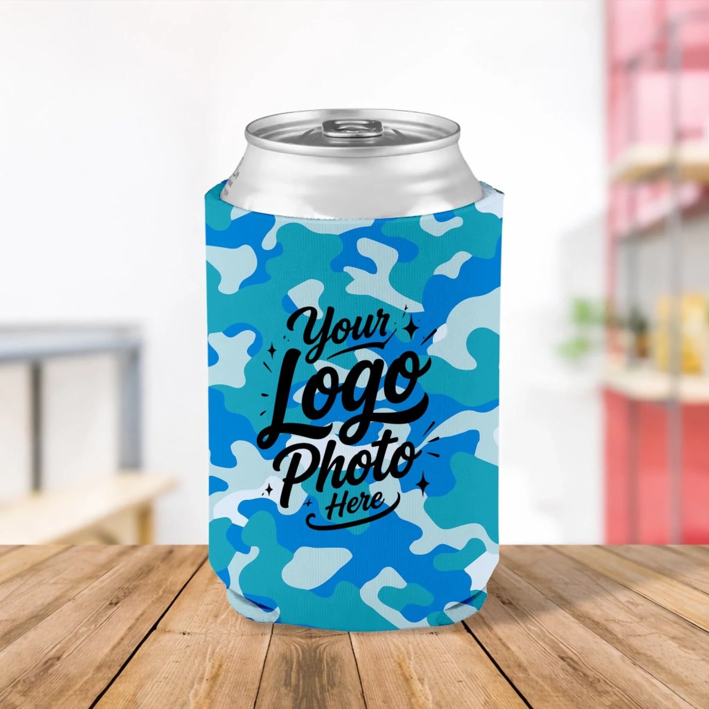 Custom printed Arctic Blue camouflage can cooler personalized with logo, text, or artwork for promotions, events, sports teams, and business branding.
