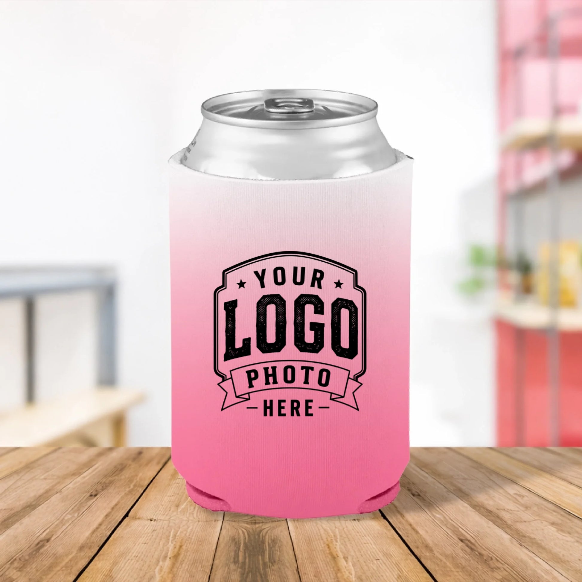Custom printed Cherry Fade white and red can cooler personalized with logos, names, text, and artwork for sports teams, businesses, fundraisers, and promotional events.