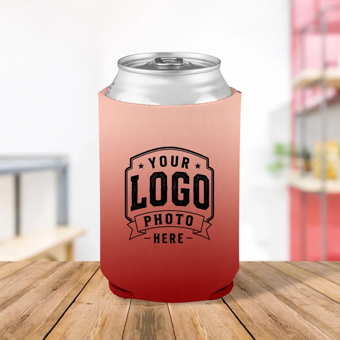 Custom printed Coral Heat peach and red can cooler personalized with logos, names, text, and artwork for weddings, businesses, fundraisers, summer events, and promotional giveaways.