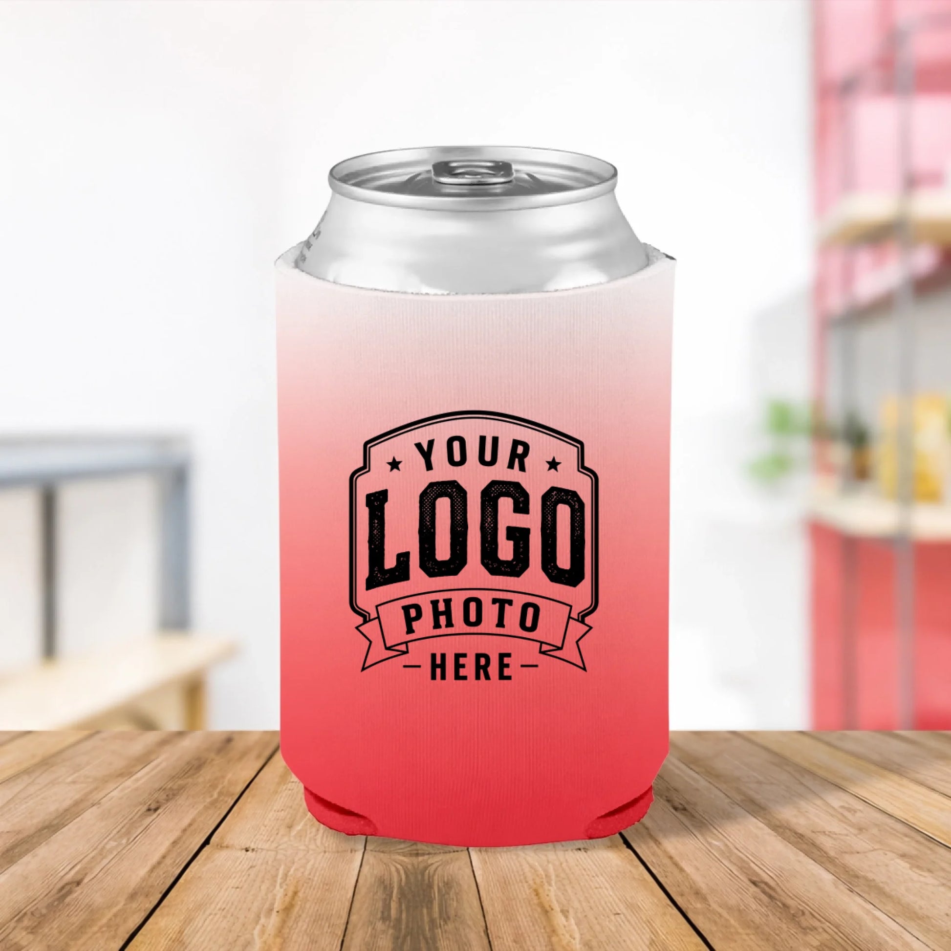 Custom printed Desert Blush Pink and Red camouflage can cooler personalized with logos, names, text, and artwork for weddings, parties, businesses, and promotional events.