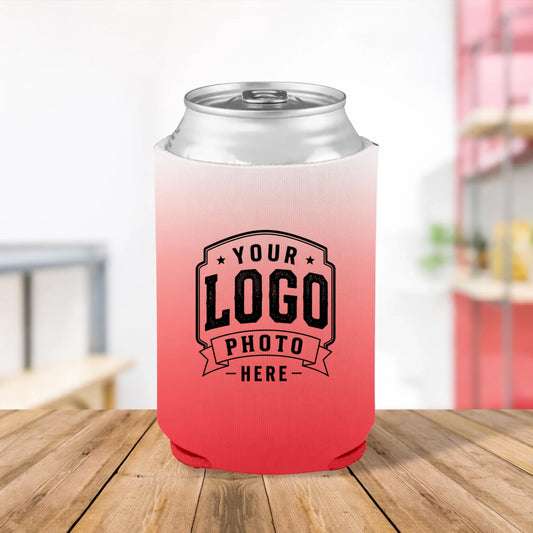 Custom printed Desert Blush Pink and Red camouflage can cooler personalized with logos, names, text, and artwork for weddings, parties, businesses, and promotional events.