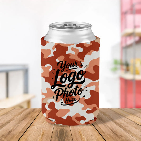 Custom printed desert tan camouflage can cooler personalized with company logo, text, or artwork for military events, promotions, parties, and outdoor activities.