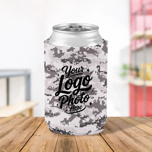 Custom printed digital desert camouflage can cooler personalized with logo text and artwork for promotional events, military organizations, and businesses.