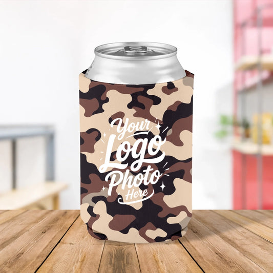 Custom printed Earth Brown camouflage can cooler personalized with logo, artwork, or text for hunting clubs, outdoor events, business promotions, and giveaways.