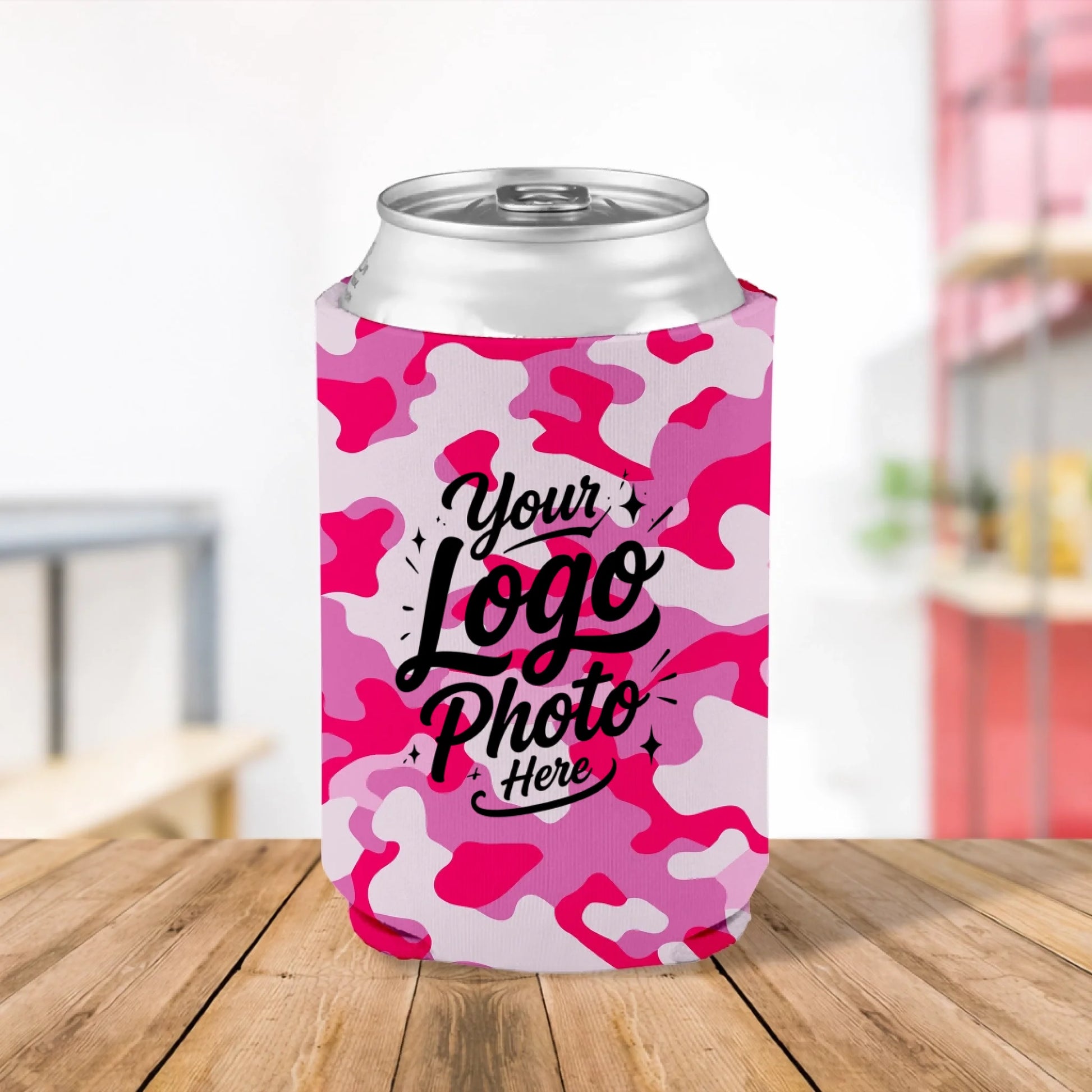 Custom printed Hot Pink camouflage can cooler personalized with logos, names, artwork, and custom designs for parties, promotions, weddings, and events.