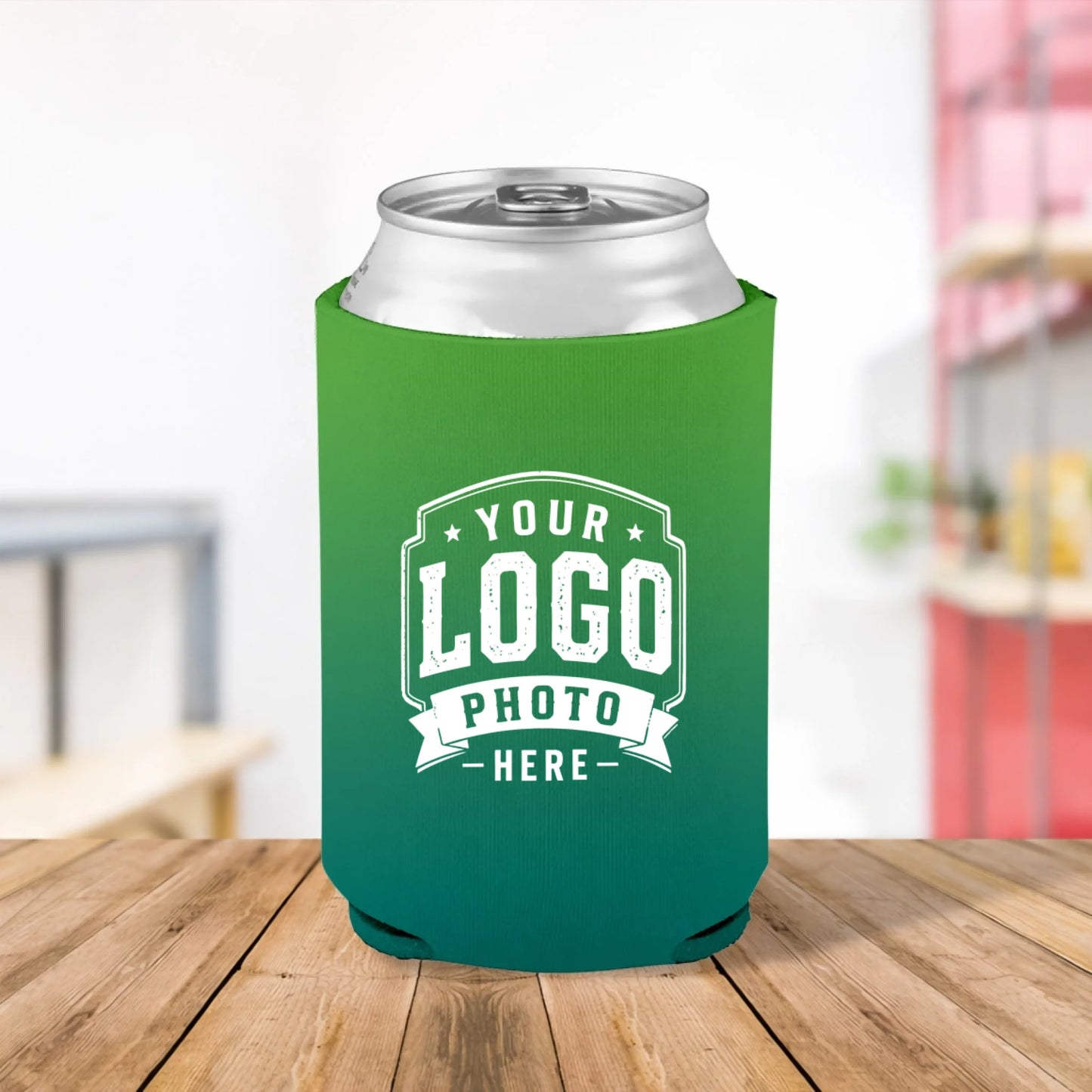 Custom printed Jungle Fade green and teal can cooler personalized with logos, names, text, and artwork for businesses, outdoor events, golf tournaments, fundraisers, and promotional giveaways.