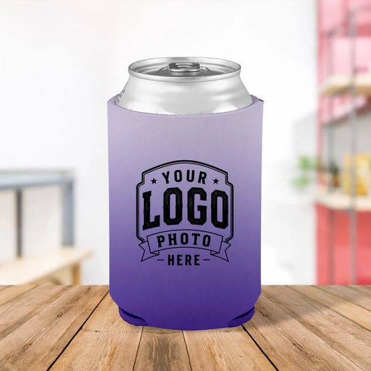Custom printed Lavender Mist white and purple can cooler personalized with logos, names, text, and artwork for weddings, businesses, fundraisers, baby showers, and promotional events.